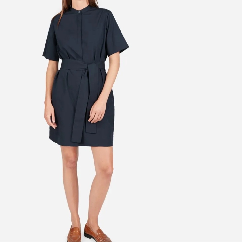 Everlane Cotton Collarless Belted Shirt Dress - Navy – Size 0 (NWT)